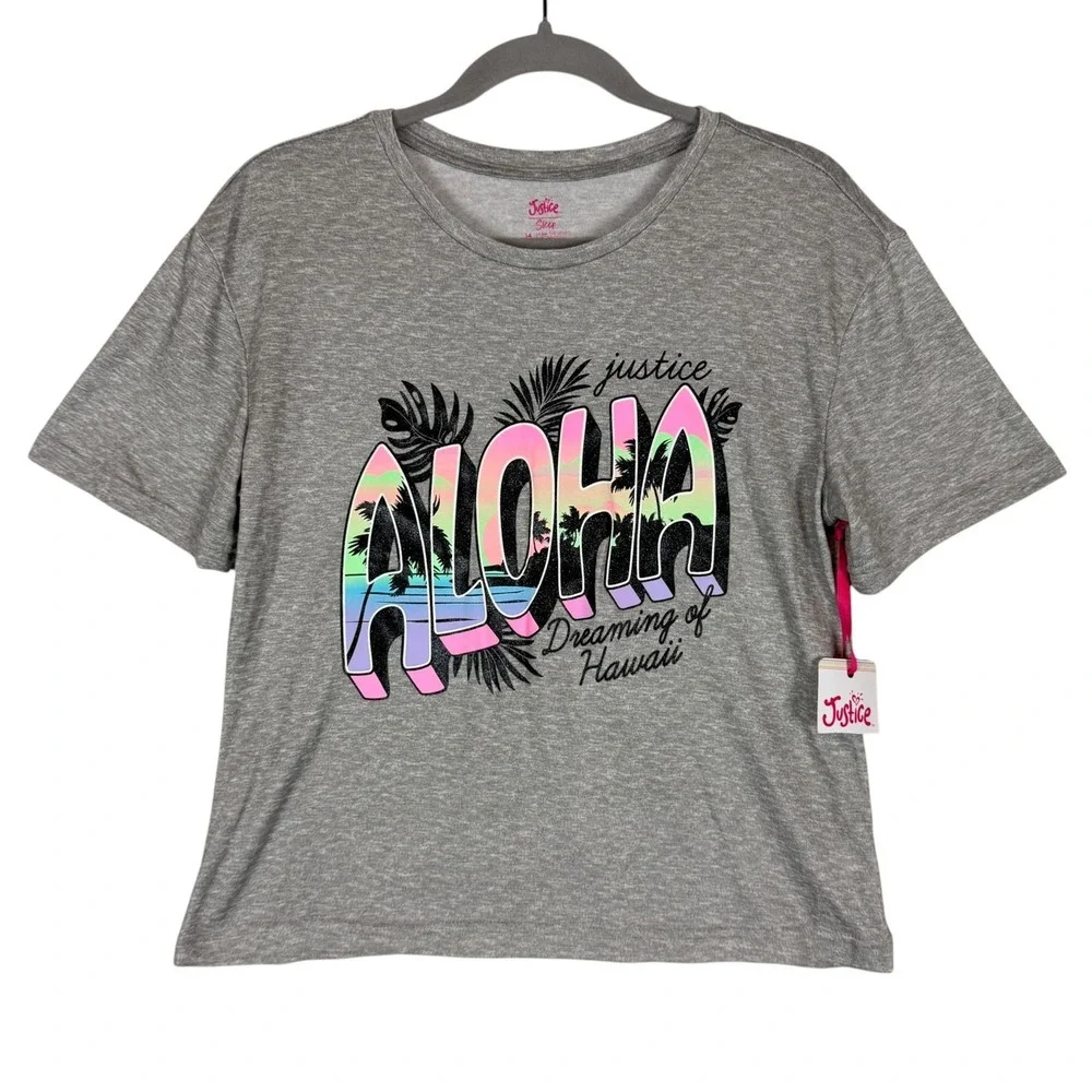 Justice Pajama Top Girls 14 Heather Gray Aloha Hawaii Graphic Sleep Shirt